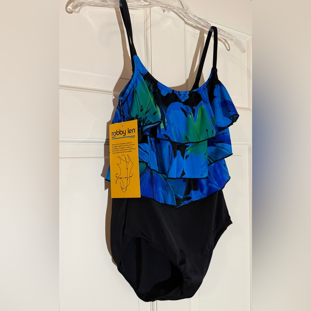 NWT Robby Len By Longitude One Piece Slimming Black Layered Swimsuit Women’s 10
